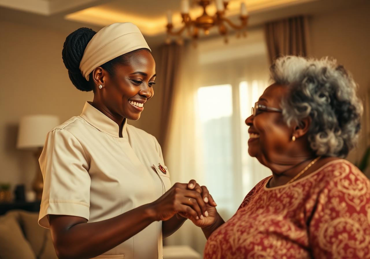 A Kadeena caregiver holding the hand of an elderly woman