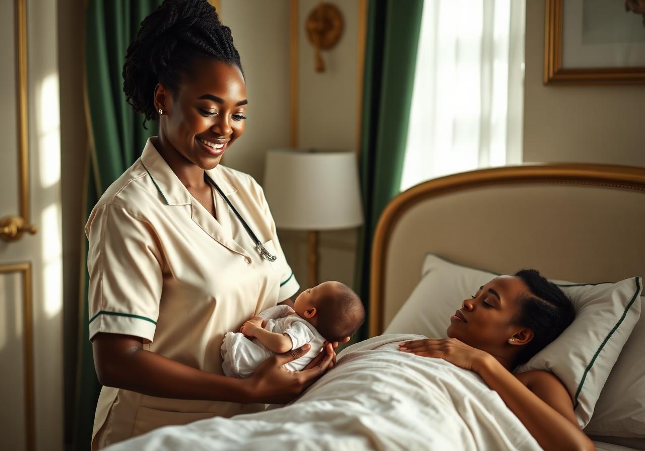 Caregiver with newborn beside resting mother